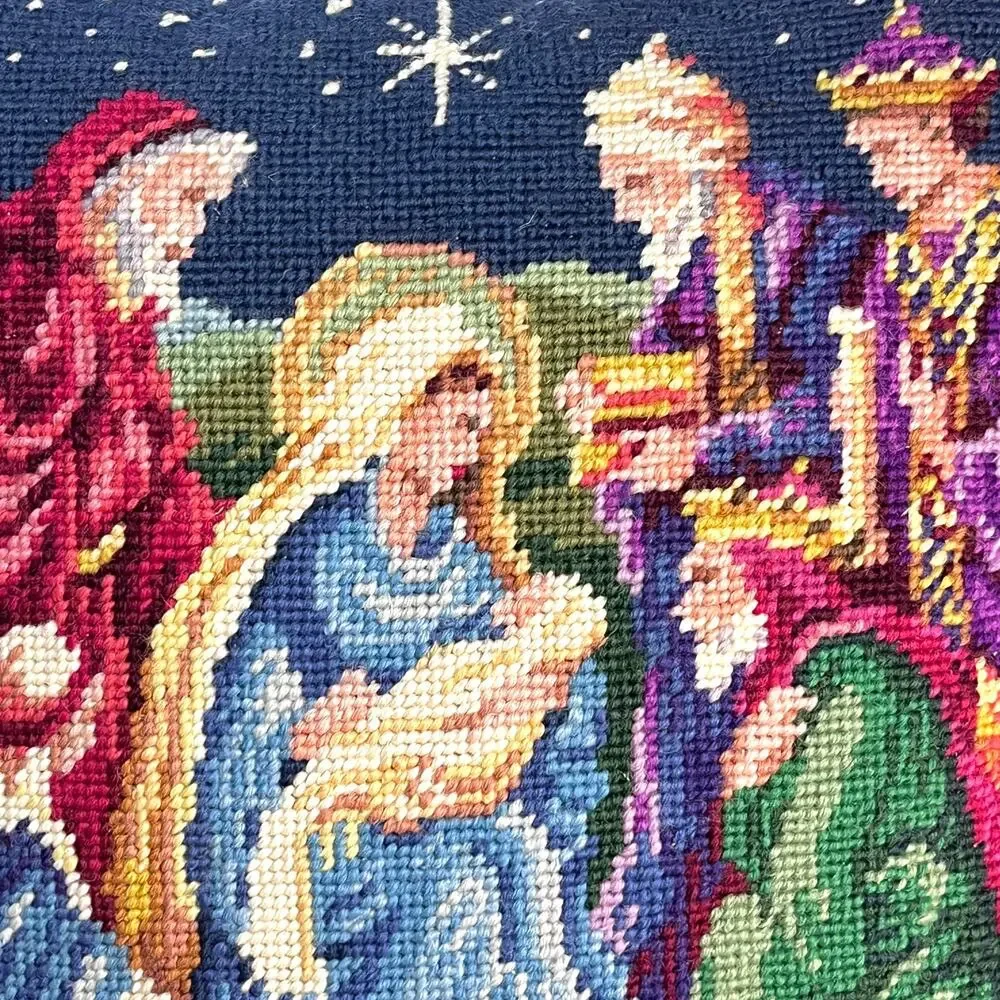 Vintage Nativity Scene Needlepoint Pillow Holy Family Wise Men Velvety Back